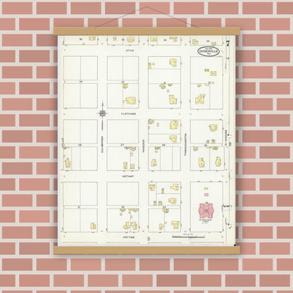 Old map wall art mockup — magnetic wood frame on brick wall — Sanborn Fire Insurance Map from Gainesville, Cooke County, Texas (1913), Sheet #0007