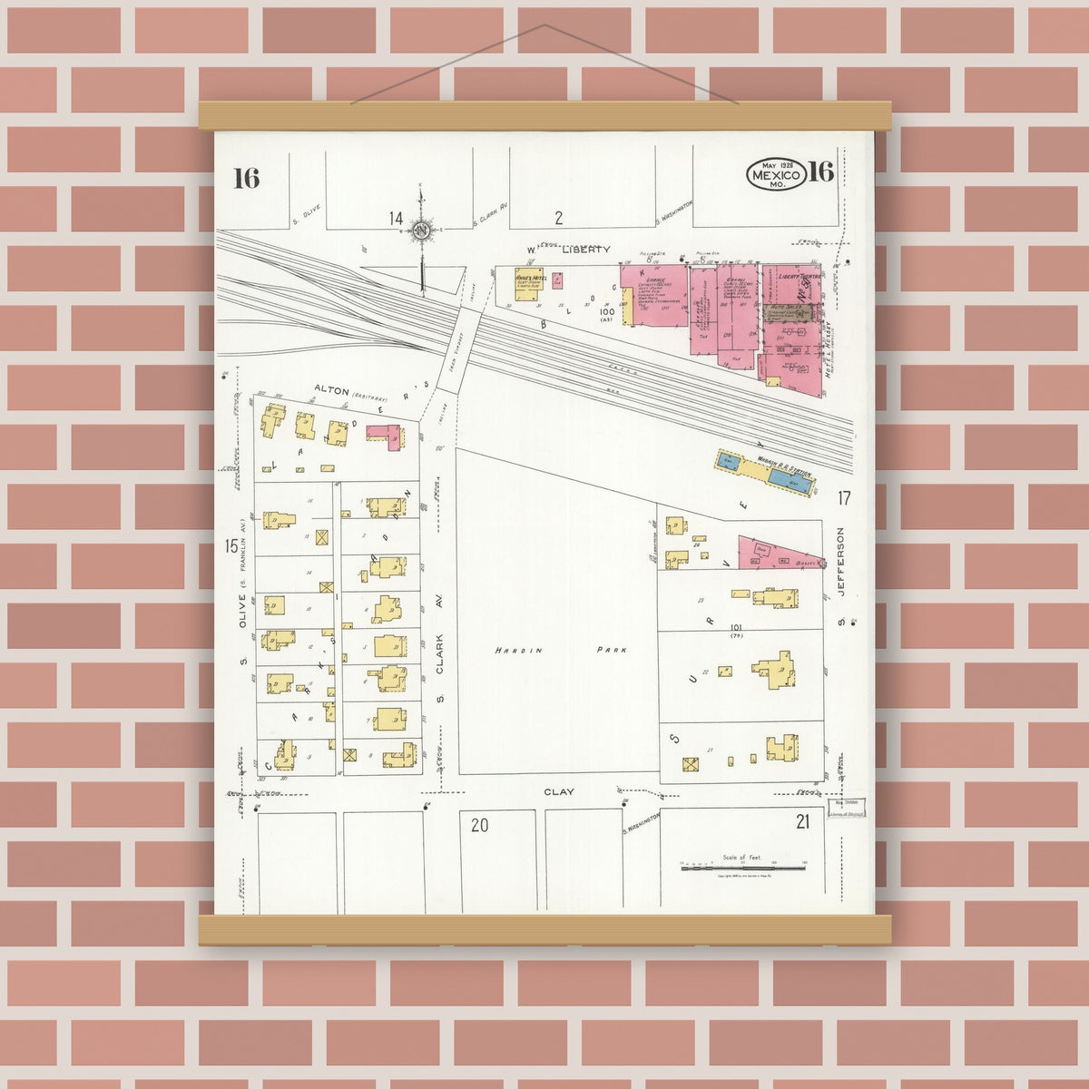Old map wall art mockup — magnetic wood frame on brick wall — Sanborn Fire Insurance Map from Mexico, Audrain County, Missouri (1926), Sheet #0016