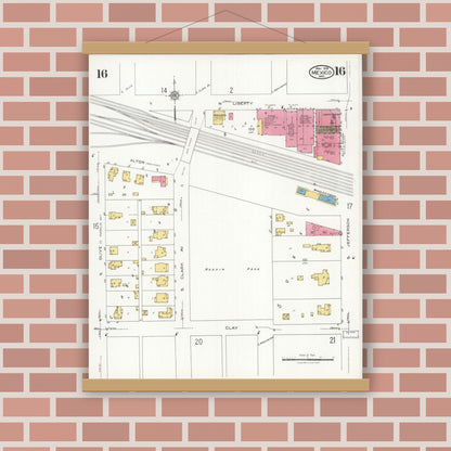 Old map wall art mockup — magnetic wood frame on brick wall — Sanborn Fire Insurance Map from Mexico, Audrain County, Missouri (1926), Sheet #0016