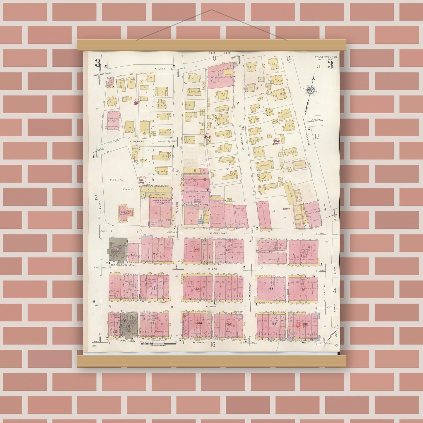 Old map wall art mockup — magnetic wood frame on brick wall — Sanborn Fire Insurance Map from Palestine, Anderson County, Texas (1949), Sheet #0003