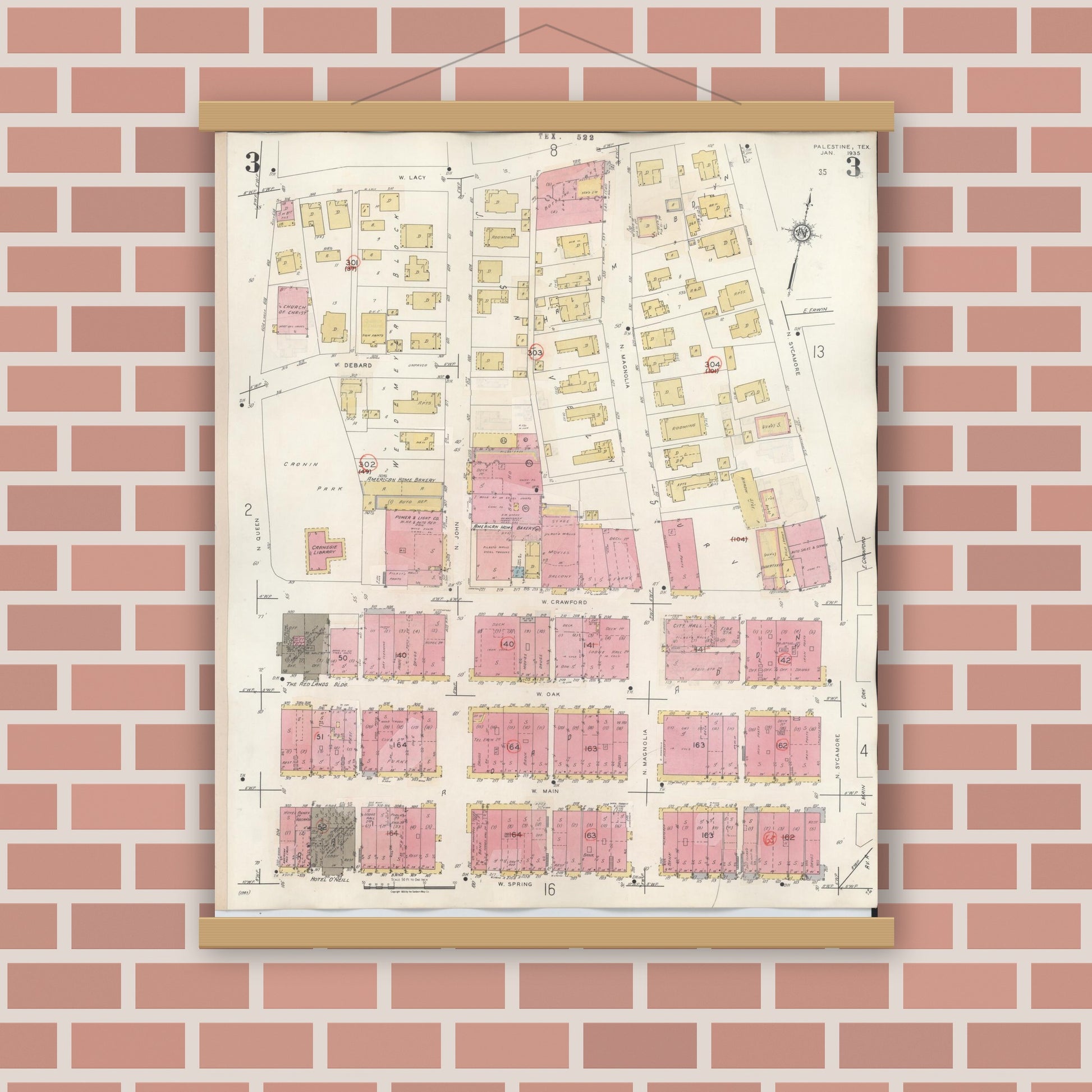 Old map wall art mockup — magnetic wood frame on brick wall — Sanborn Fire Insurance Map from Palestine, Anderson County, Texas (1949), Sheet #0003