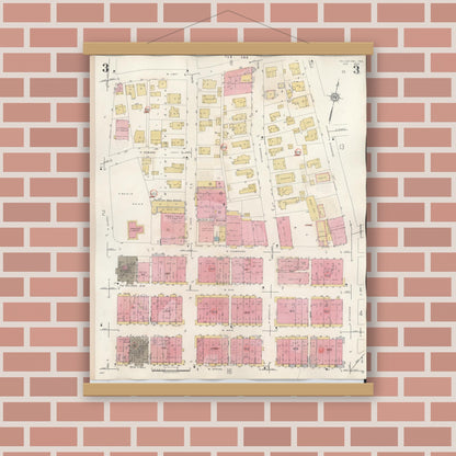 Old map wall art mockup — magnetic wood frame on brick wall — Sanborn Fire Insurance Map from Palestine, Anderson County, Texas (1949), Sheet #0003