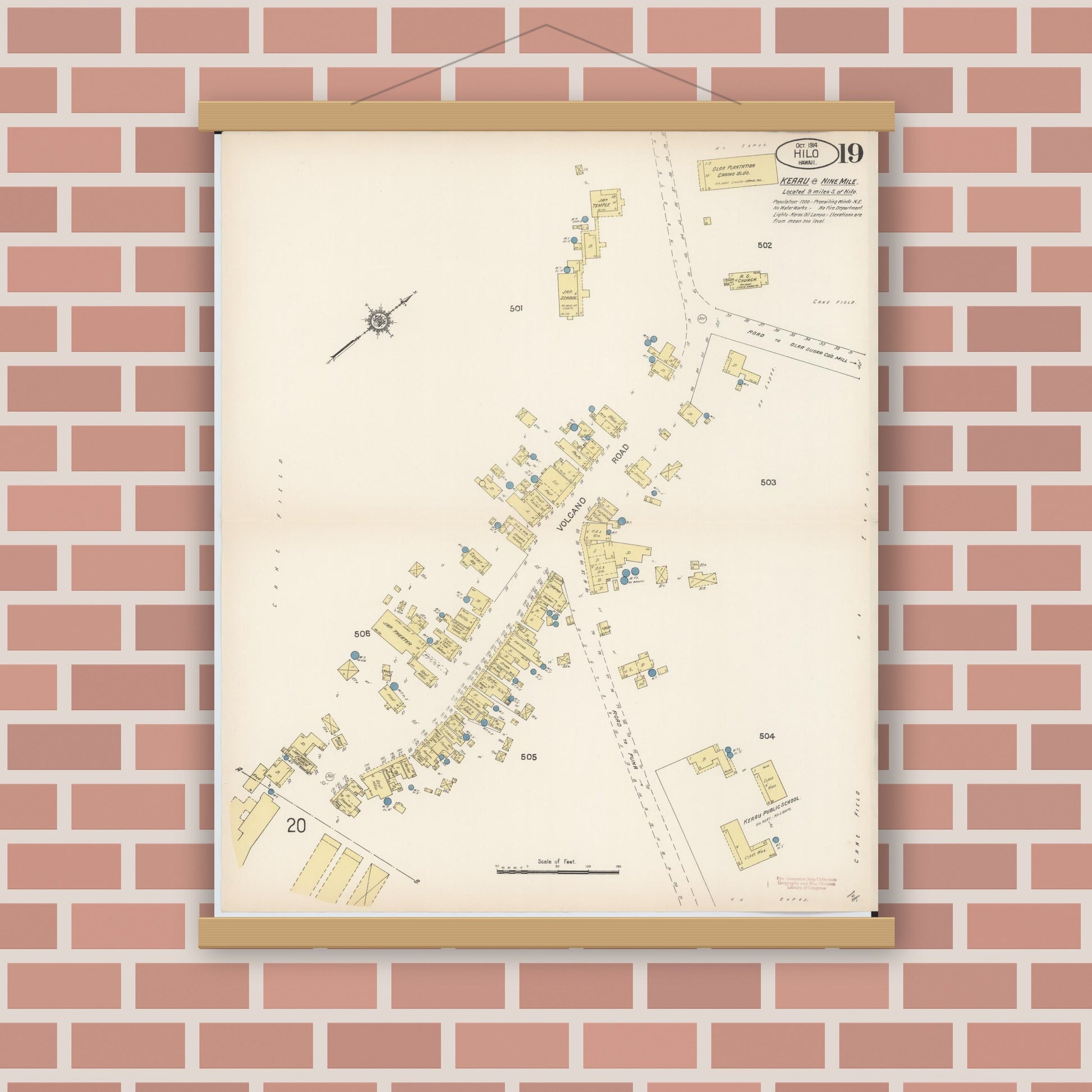 Old map wall art mockup — magnetic wood frame on brick wall — Sanborn Fire Insurance Map from Hilo, Hawaii County, Hawaii (1914), Sheet #0019