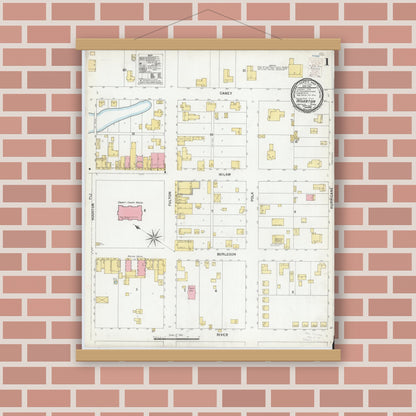 Old map wall art mockup — magnetic wood frame on brick wall — Sanborn Fire Insurance Map from Wharton, Wharton County, Texas (1900), Sheet #0001