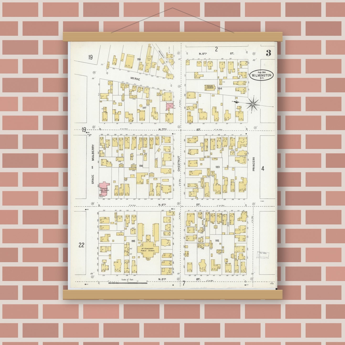 Old map wall art mockup — magnetic wood frame on brick wall — Sanborn Fire Insurance Map from Wilmington, New Hanover County, North Carolina (1904), Sheet #0003