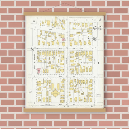 Old map wall art mockup — magnetic wood frame on brick wall — Sanborn Fire Insurance Map from Wilmington, New Hanover County, North Carolina (1904), Sheet #0003
