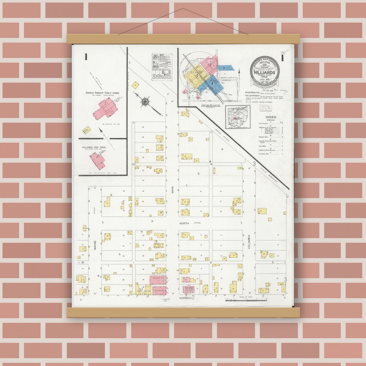 Old map wall art mockup — magnetic wood frame on brick wall — Sanborn Fire Insurance Map from Hilliards, Franklin County, Ohio (1929), Sheet #0001