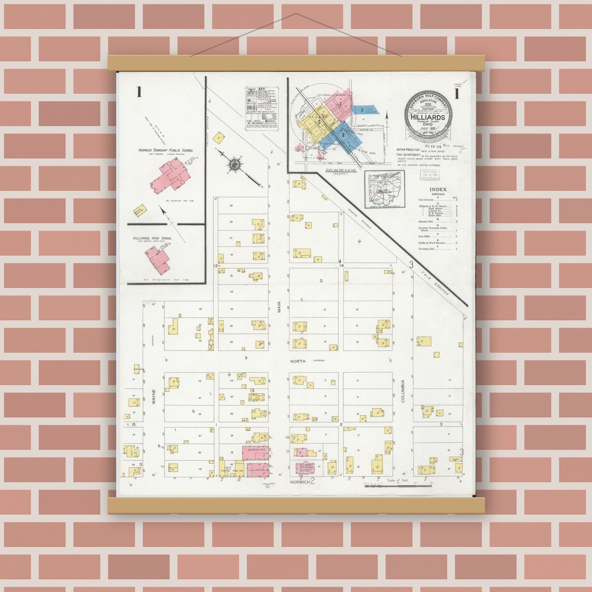 Old map wall art mockup — magnetic wood frame on brick wall — Sanborn Fire Insurance Map from Hilliards, Franklin County, Ohio (1929), Sheet #0001