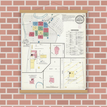 Old map wall art mockup — magnetic wood frame on brick wall — Sanborn Fire Insurance Map from Wichita Falls, Wichita County, Texas (1908) - Complete Map Set