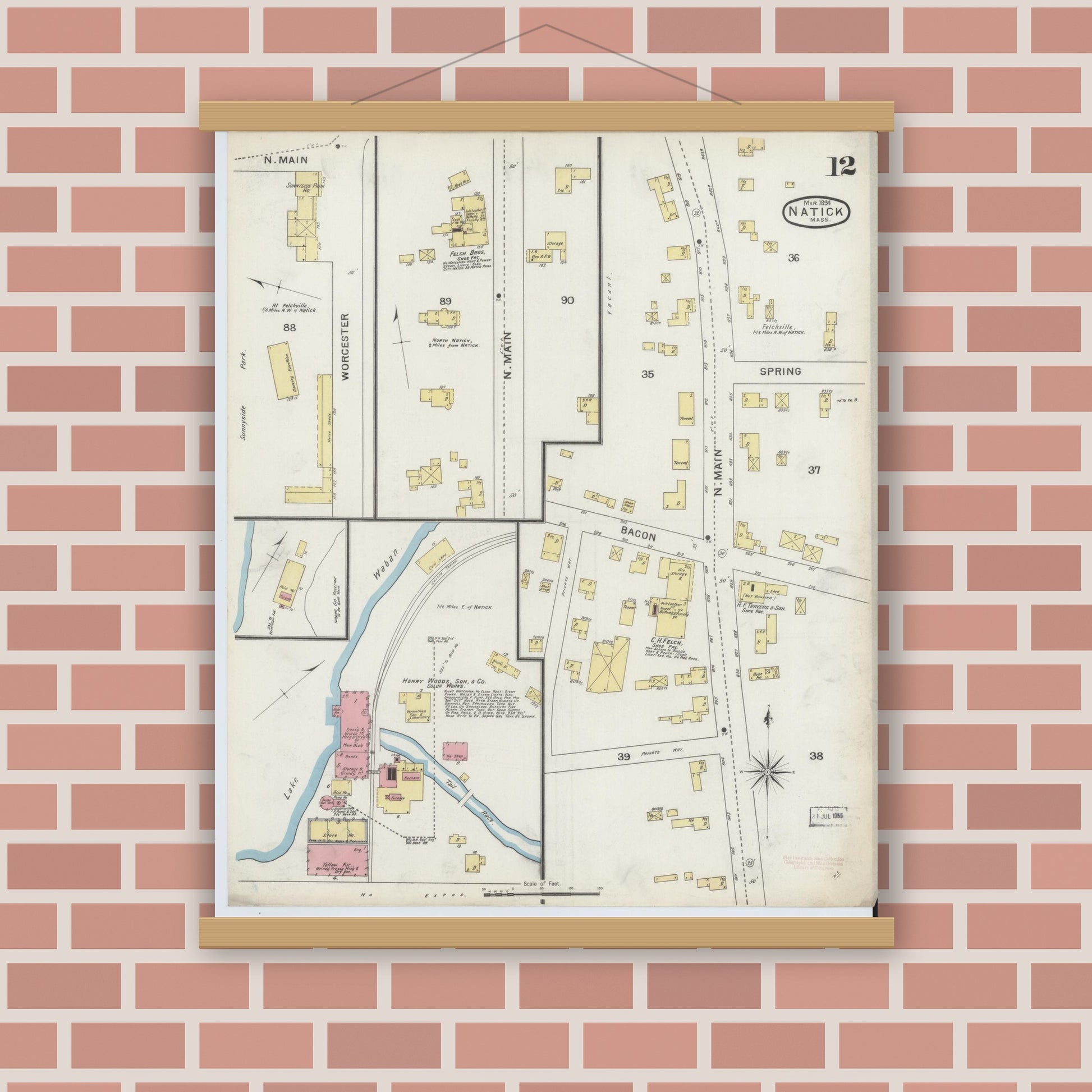 Old map wall art mockup — magnetic wood frame on brick wall — Sanborn Fire Insurance Map from Natick, Middlesex County, Massachusetts (1894), Sheet #0012