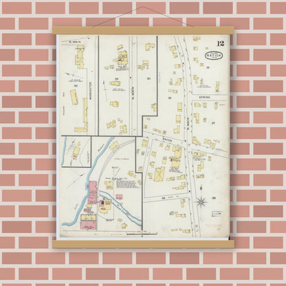 Old map wall art mockup — magnetic wood frame on brick wall — Sanborn Fire Insurance Map from Natick, Middlesex County, Massachusetts (1894), Sheet #0012