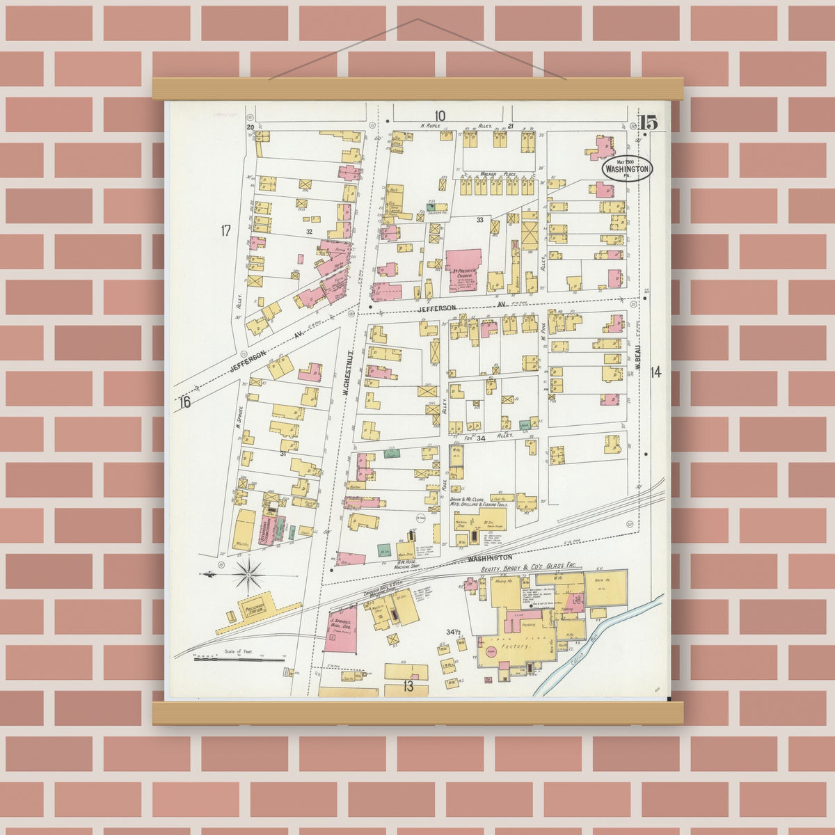 Old map wall art mockup — magnetic wood frame on brick wall — Sanborn Fire Insurance Map from Washington, Washington County, Pennsylvania (1900), Sheet #0015