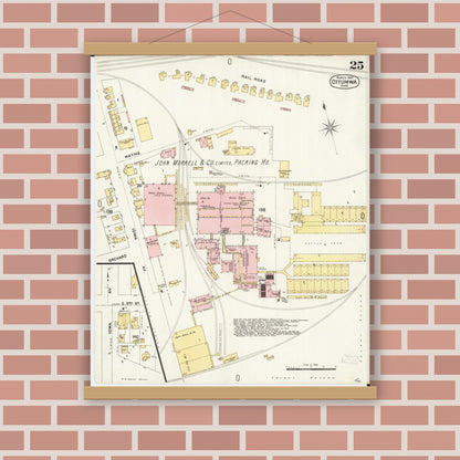 Old map wall art mockup — magnetic wood frame on brick wall — Sanborn Fire Insurance Map from Ottumwa, Wapello County, Iowa (1897), Sheet #0025