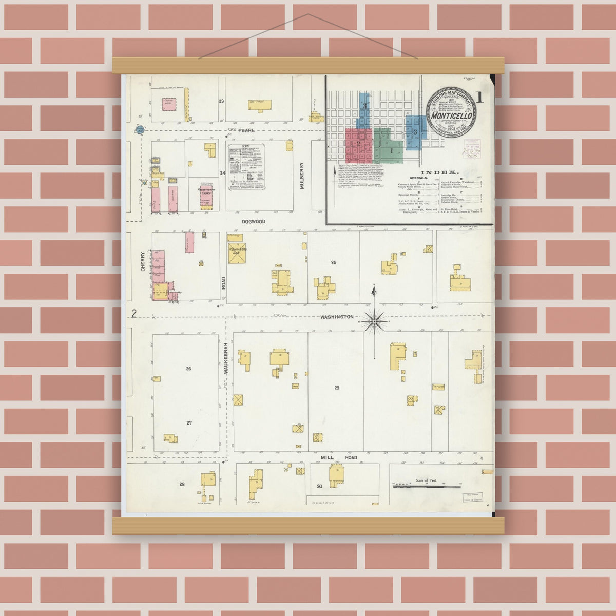 Old map wall art mockup — magnetic wood frame on brick wall — Sanborn Fire Insurance Map from Monticello, Jefferson County, Florida (1903) - Complete Map Set