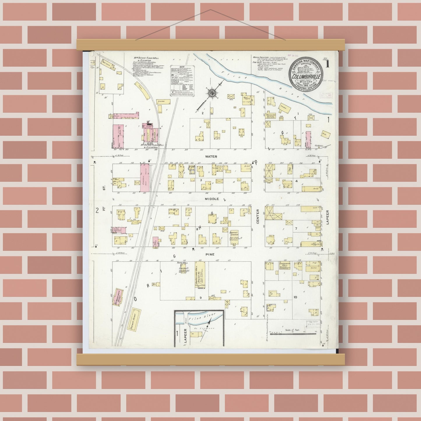Old map wall art mockup — magnetic wood frame on brick wall — Sanborn Fire Insurance Map from Columbiaville, Lapeer County, Michigan (1910) - Complete Map Set