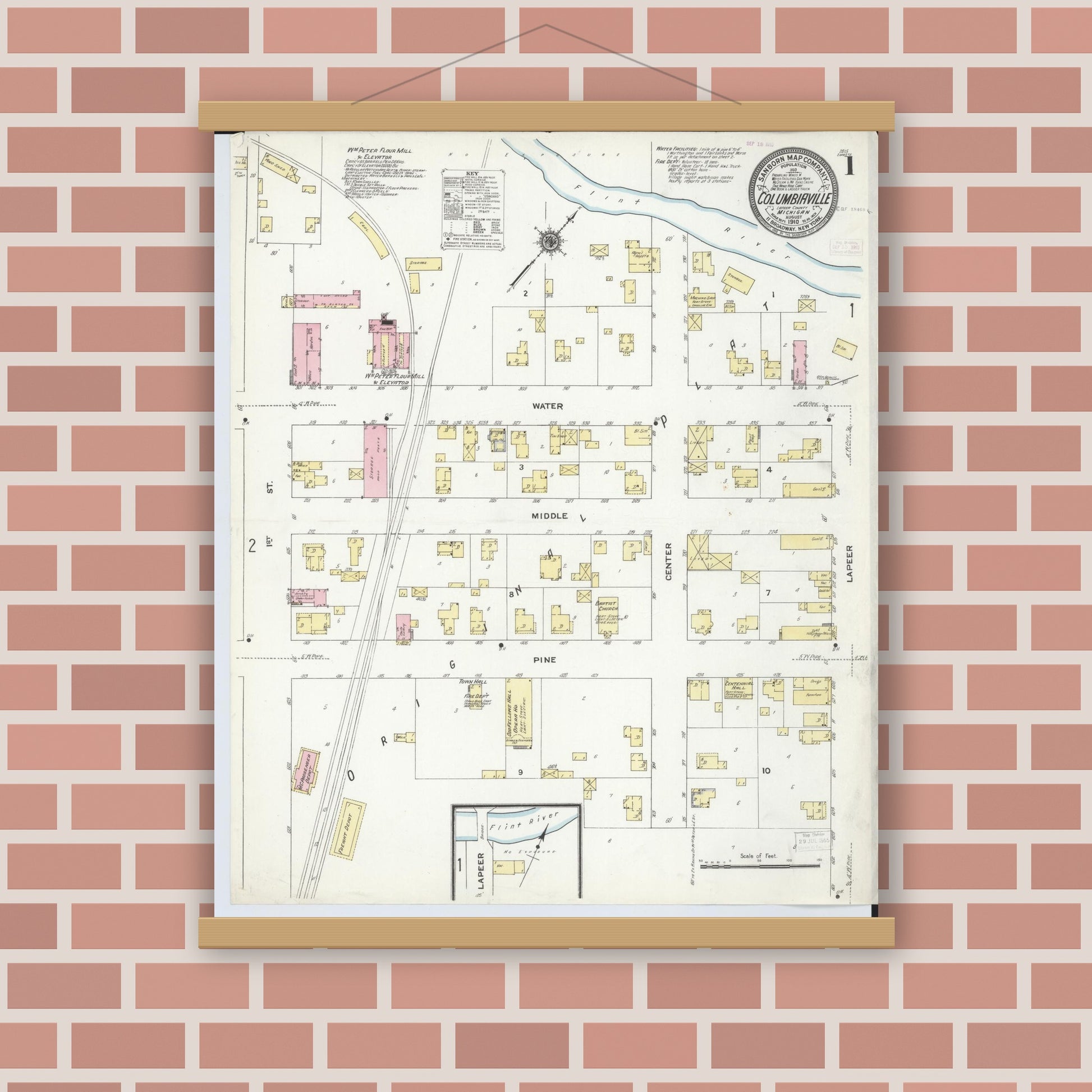 Old map wall art mockup — magnetic wood frame on brick wall — Sanborn Fire Insurance Map from Columbiaville, Lapeer County, Michigan (1910) - Complete Map Set