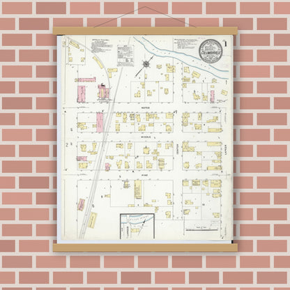 Old map wall art mockup — magnetic wood frame on brick wall — Sanborn Fire Insurance Map from Columbiaville, Lapeer County, Michigan (1910) - Complete Map Set
