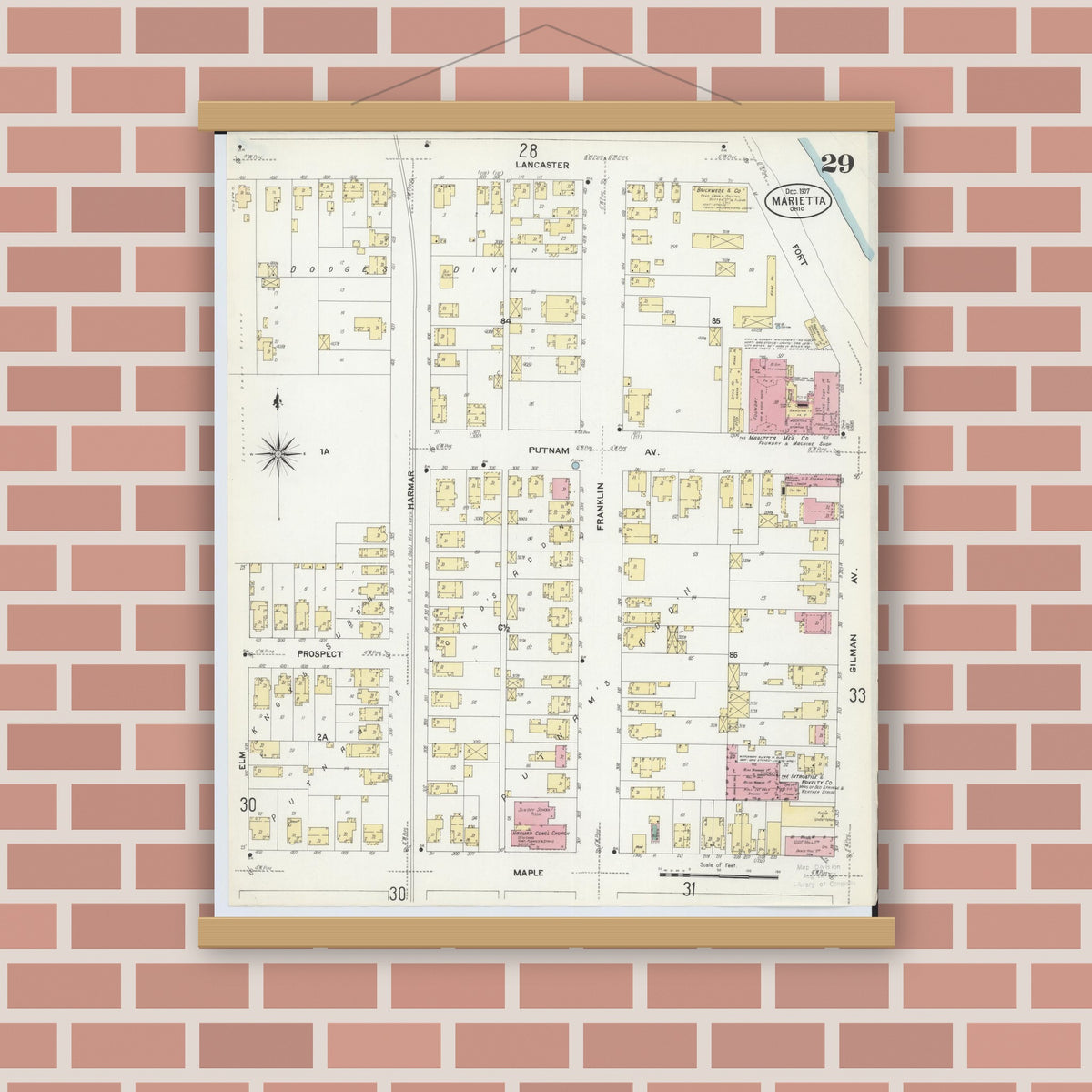 Old map wall art mockup — magnetic wood frame on brick wall — Sanborn Fire Insurance Map from Marietta, Washington County, Ohio (1907), Sheet #0029