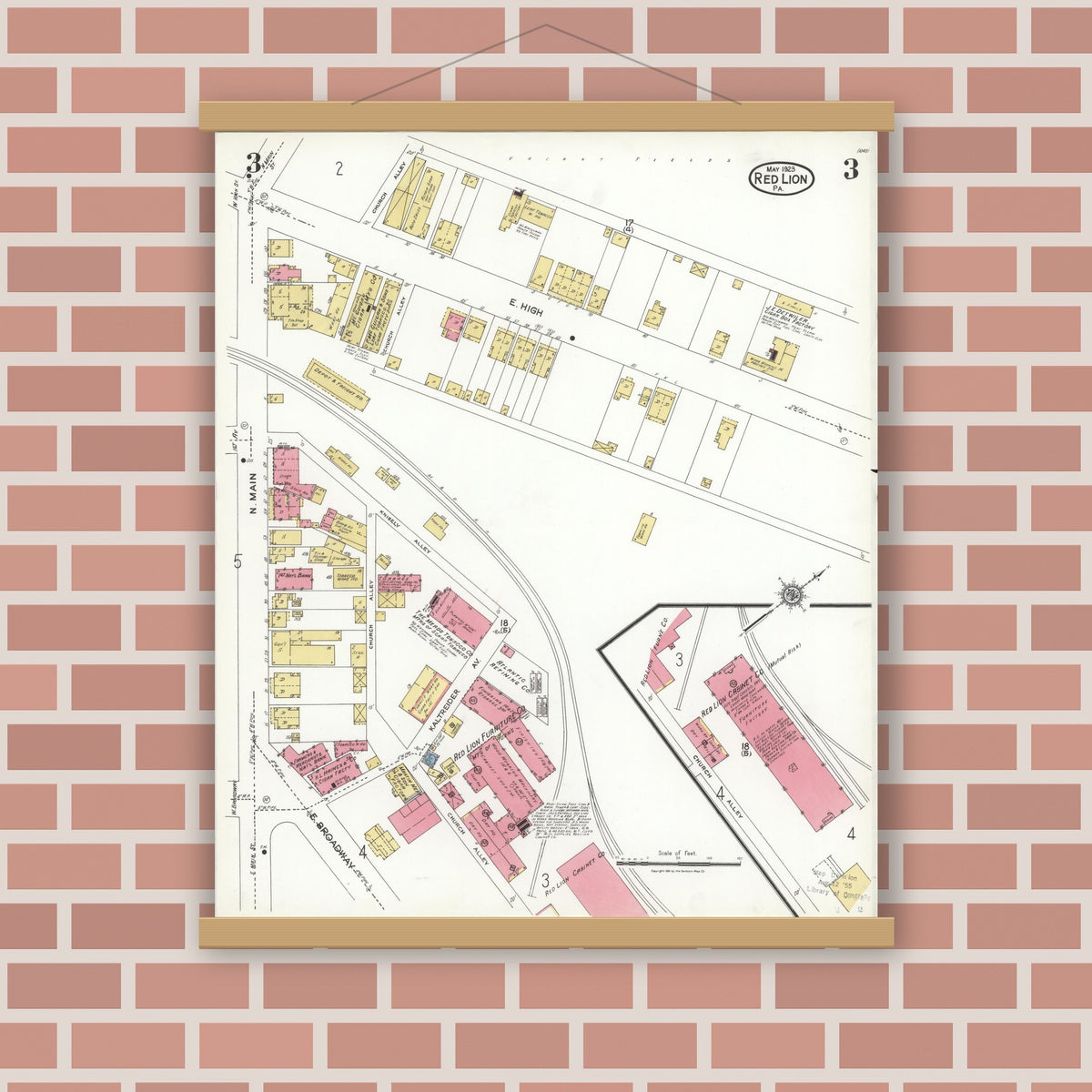 Old map wall art mockup — magnetic wood frame on brick wall — Sanborn Fire Insurance Map from Red Lion, York County, Pennsylvania (1923), Sheet #0003