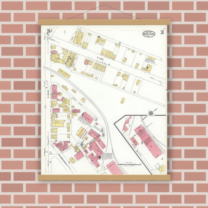 Old map wall art mockup — magnetic wood frame on brick wall — Sanborn Fire Insurance Map from Red Lion, York County, Pennsylvania (1923), Sheet #0003