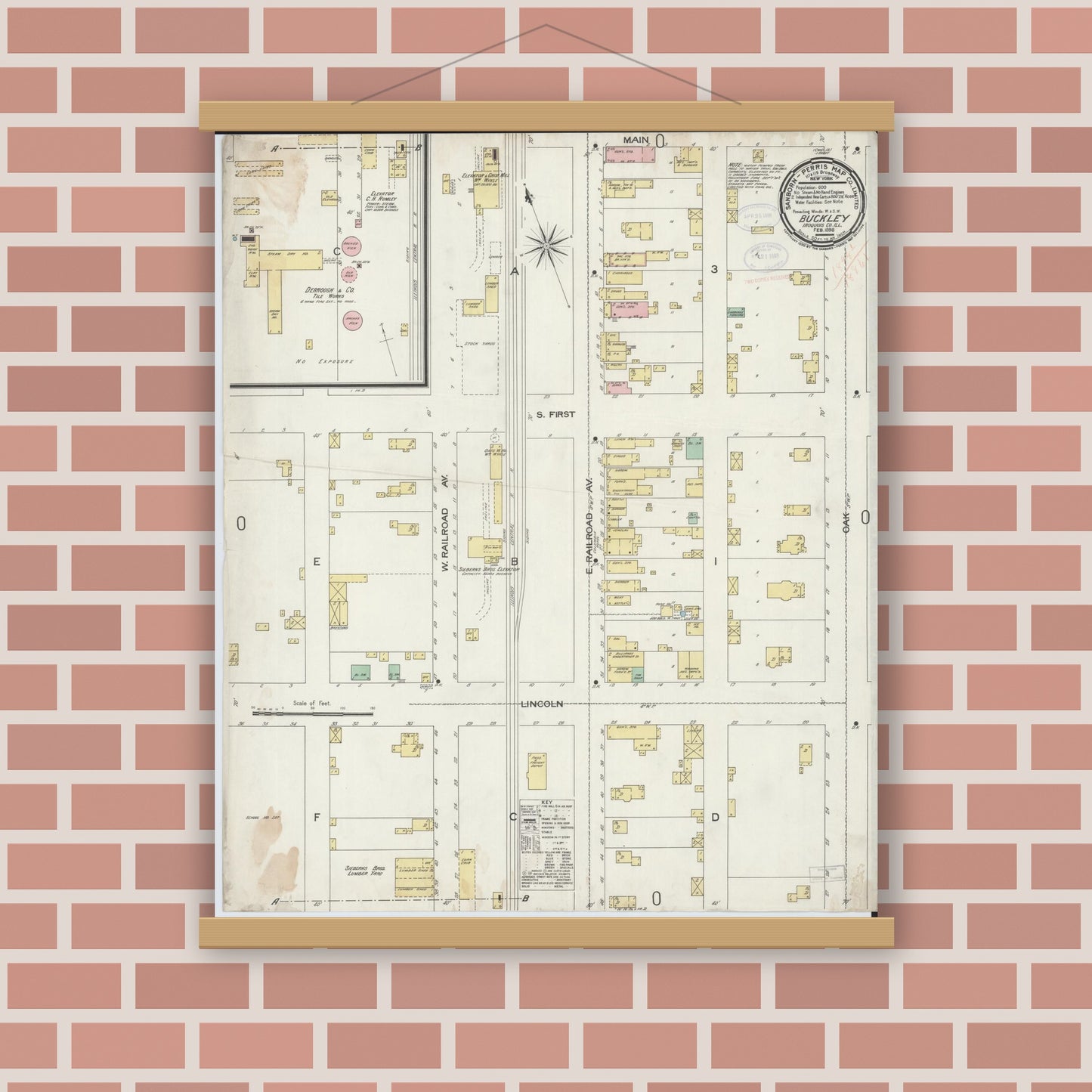 Old map wall art mockup — magnetic wood frame on brick wall — Sanborn Fire Insurance Map from Buckley, Iroquois County, Illinois (1898), Sheet #0001