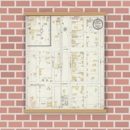 Old map wall art mockup — magnetic wood frame on brick wall — Sanborn Fire Insurance Map from Buckley, Iroquois County, Illinois (1898), Sheet #0001