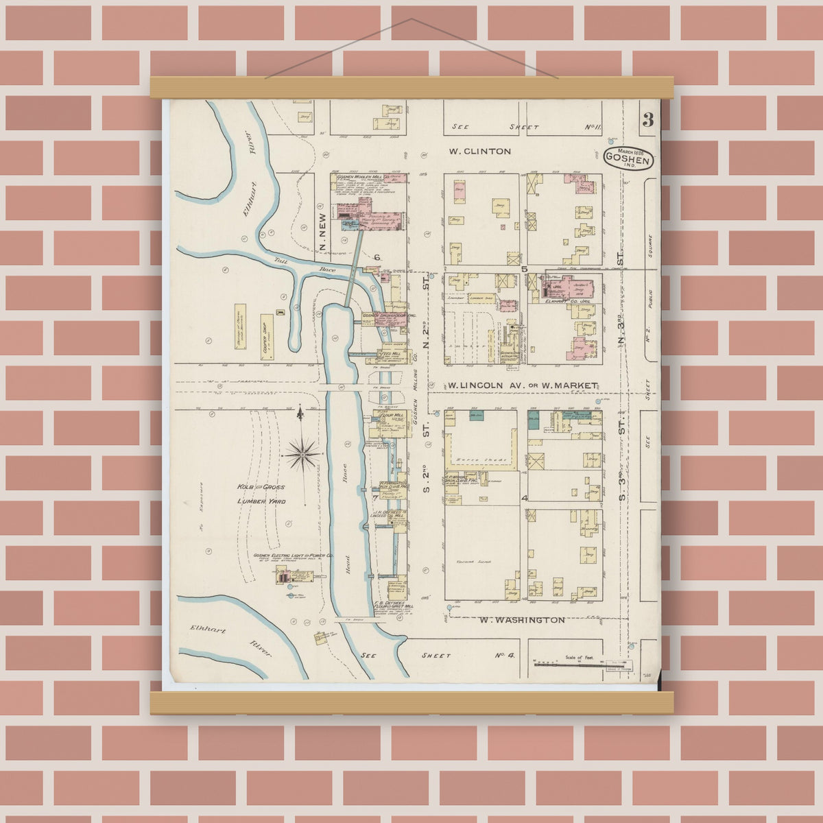 Old map wall art mockup — magnetic wood frame on brick wall — Sanborn Fire Insurance Map from Goshen, Elkhart County, Indiana (1886), Sheet #0003