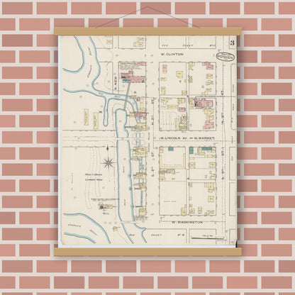 Old map wall art mockup — magnetic wood frame on brick wall — Sanborn Fire Insurance Map from Goshen, Elkhart County, Indiana (1886), Sheet #0003