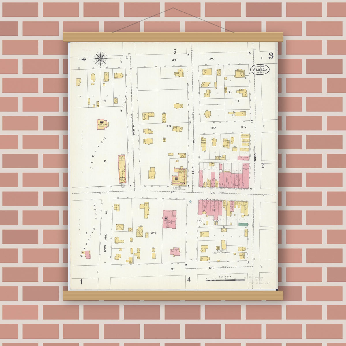 Old map wall art mockup — magnetic wood frame on brick wall — Sanborn Fire Insurance Map from Waseca, Waseca County, Minnesota (1904), Sheet #0003