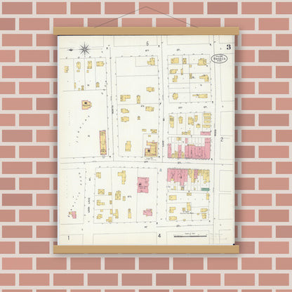 Old map wall art mockup — magnetic wood frame on brick wall — Sanborn Fire Insurance Map from Waseca, Waseca County, Minnesota (1904), Sheet #0003