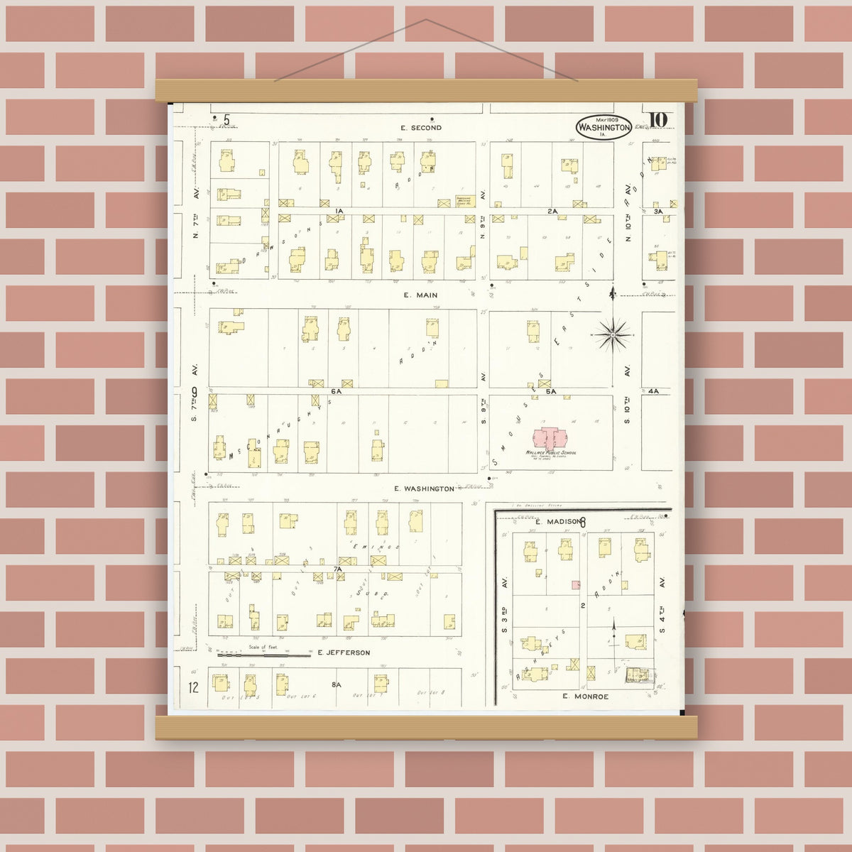 Old map wall art mockup — magnetic wood frame on brick wall — Sanborn Fire Insurance Map from Washington, Washington County, Iowa (1909), Sheet #0010