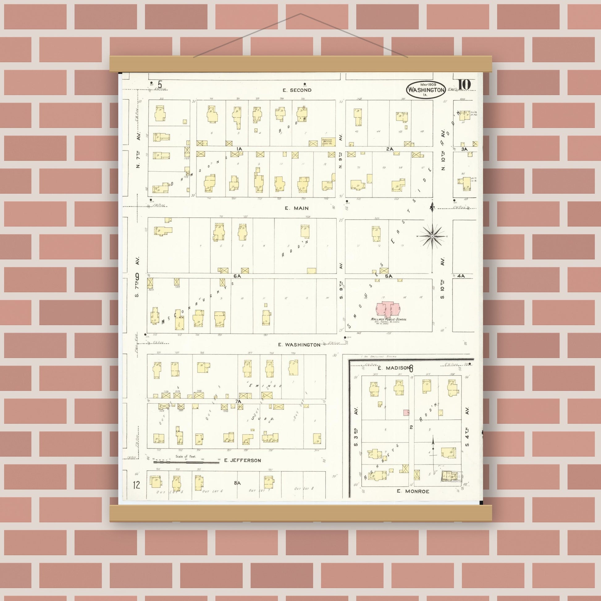 Old map wall art mockup — magnetic wood frame on brick wall — Sanborn Fire Insurance Map from Washington, Washington County, Iowa (1909), Sheet #0010