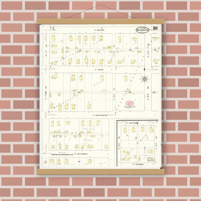 Old map wall art mockup — magnetic wood frame on brick wall — Sanborn Fire Insurance Map from Washington, Washington County, Iowa (1909), Sheet #0010