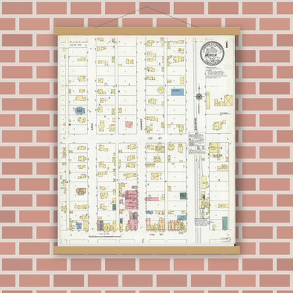 Old map wall art mockup — magnetic wood frame on brick wall — Sanborn Fire Insurance Map from Monon, White County, Indiana (1909), Sheet #0001