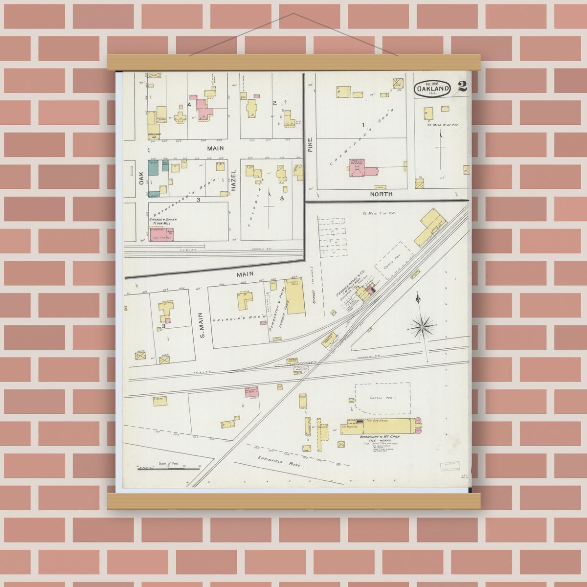 Old map wall art mockup — magnetic wood frame on brick wall — Sanborn Fire Insurance Map from Oakland, Coles County, Illinois (1893), Sheet #0002