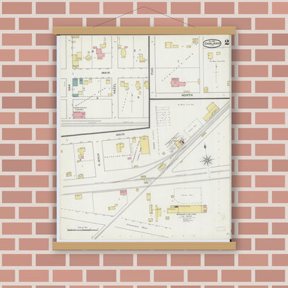 Old map wall art mockup — magnetic wood frame on brick wall — Sanborn Fire Insurance Map from Oakland, Coles County, Illinois (1893), Sheet #0002