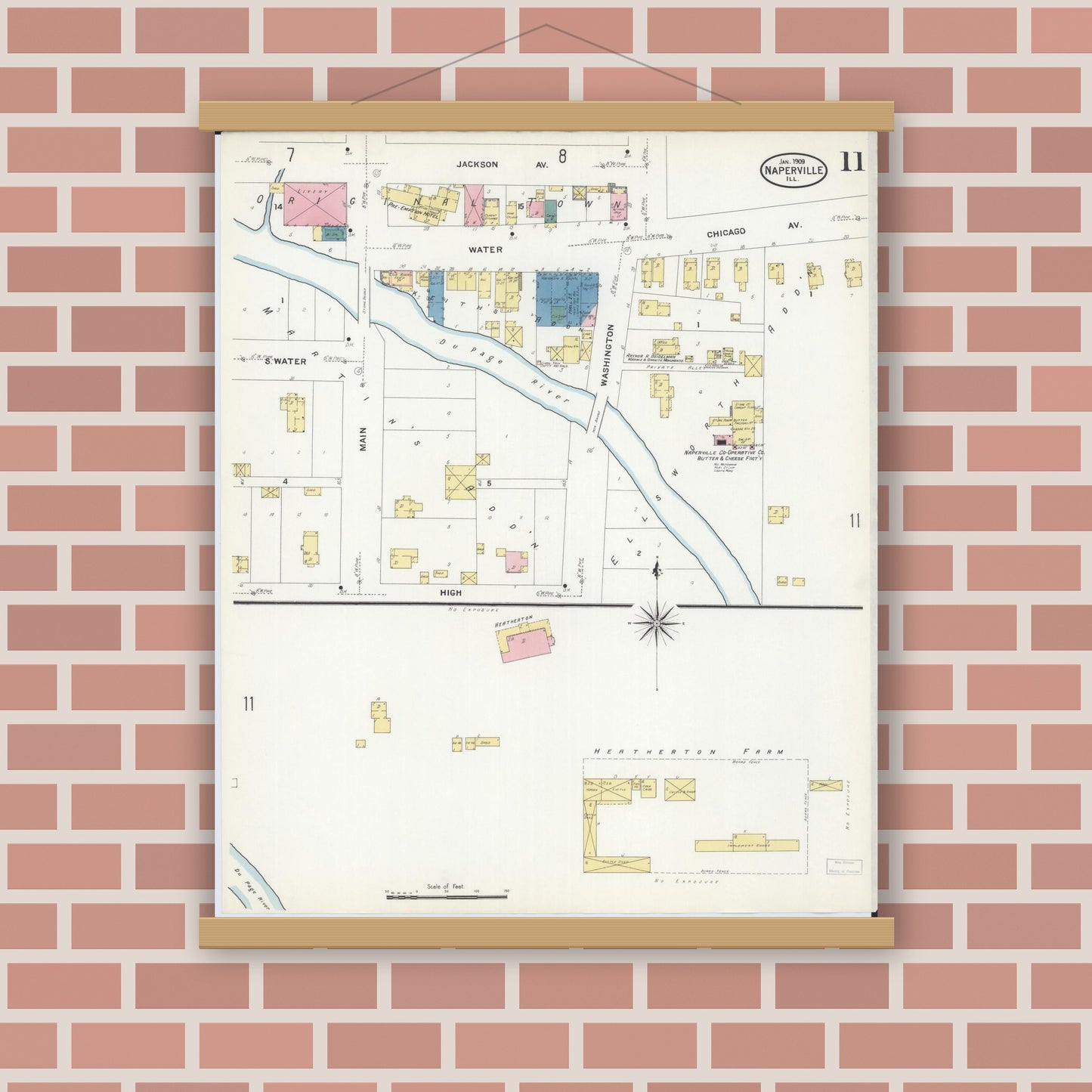 Old map wall art mockup — magnetic wood frame on brick wall — Sanborn Fire Insurance Map from Naperville, Du Page County, Illinois (1909), Sheet #0011