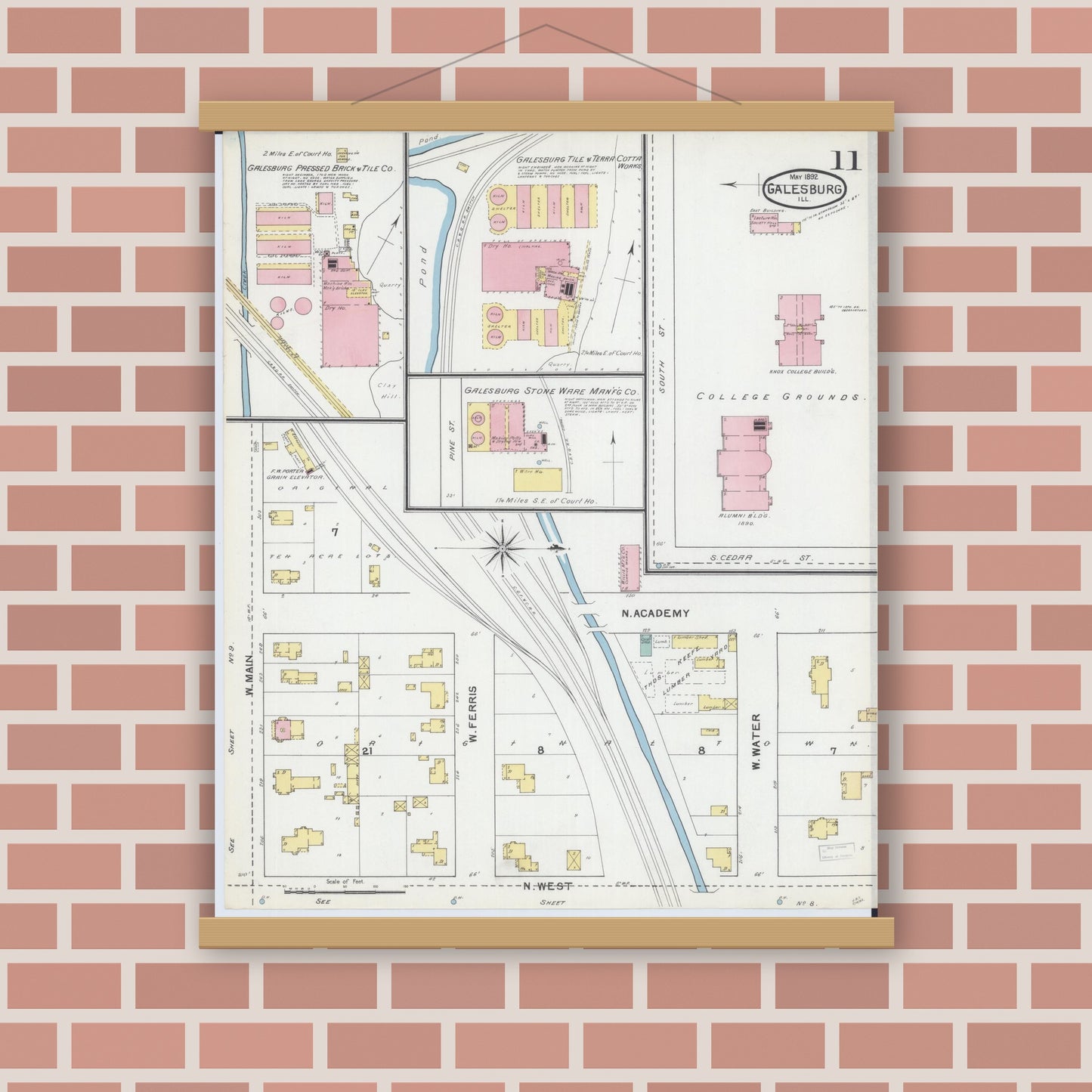 Old map wall art mockup — magnetic wood frame on brick wall — Sanborn Fire Insurance Map from Galesburg, Knox County, Illinois (1892), Sheet #0011