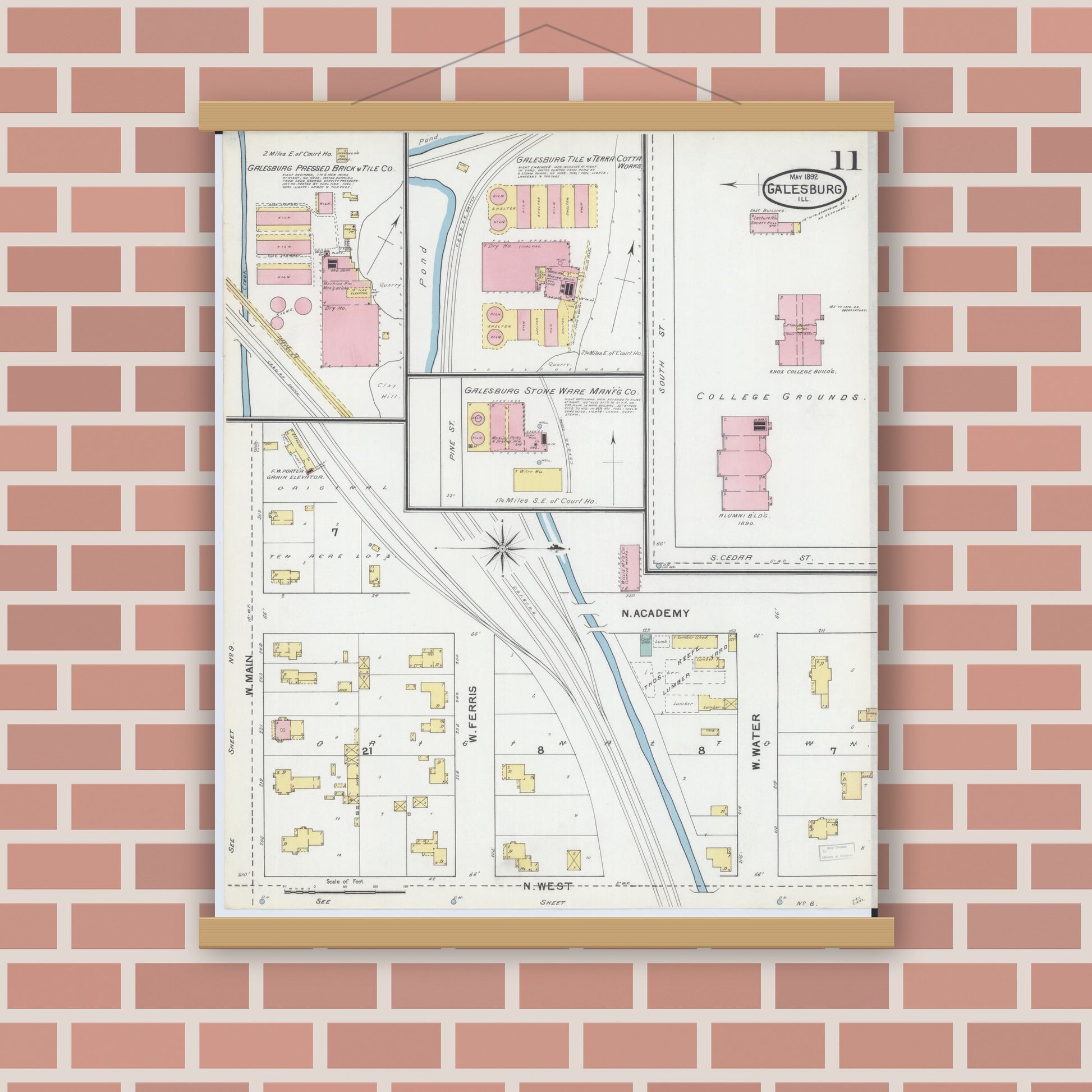 Old map wall art mockup — magnetic wood frame on brick wall — Sanborn Fire Insurance Map from Galesburg, Knox County, Illinois (1892), Sheet #0011