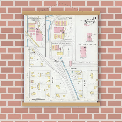Old map wall art mockup — magnetic wood frame on brick wall — Sanborn Fire Insurance Map from Galesburg, Knox County, Illinois (1892), Sheet #0011