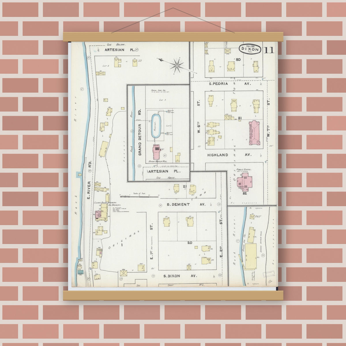 Old map wall art mockup — magnetic wood frame on brick wall — Sanborn Fire Insurance Map from Dixon, Lee County, Illinois (1891), Sheet #0011