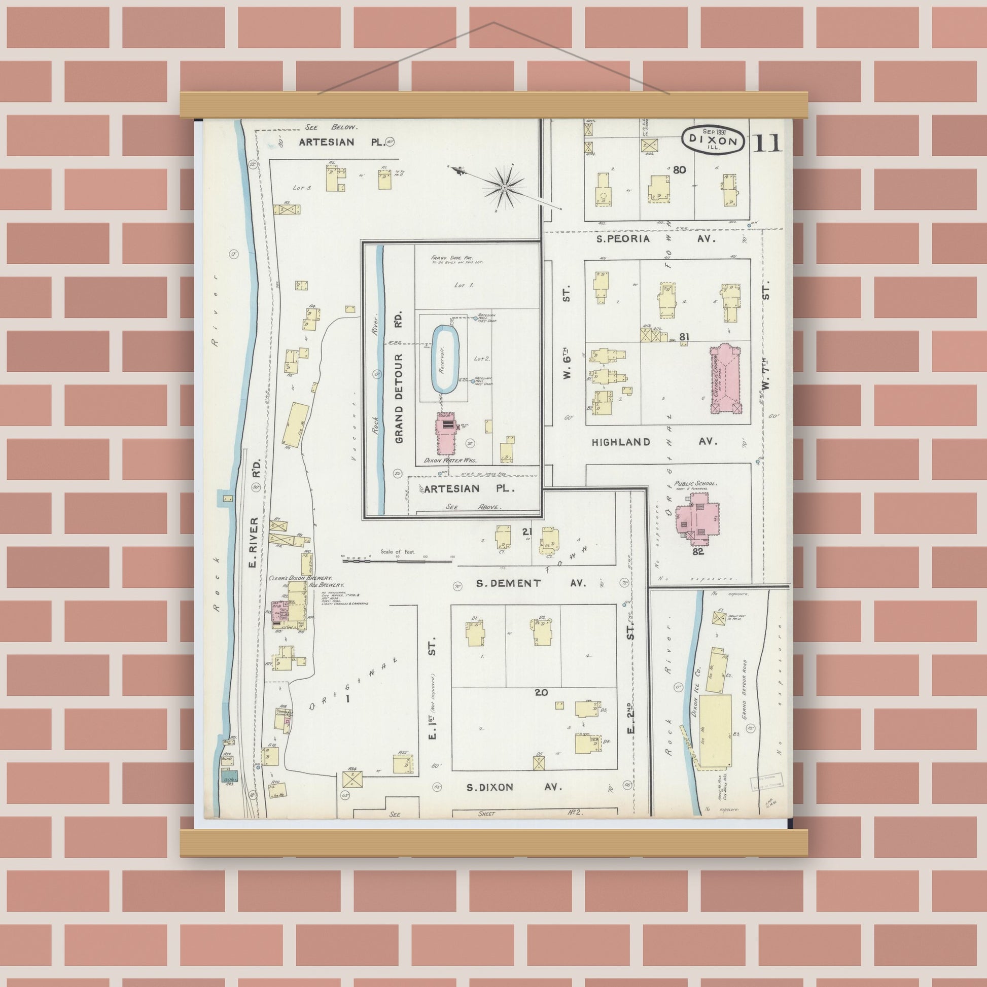 Old map wall art mockup — magnetic wood frame on brick wall — Sanborn Fire Insurance Map from Dixon, Lee County, Illinois (1891), Sheet #0011