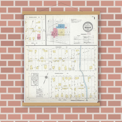 Old map wall art mockup — magnetic wood frame on brick wall — Sanborn Fire Insurance Map from Windsor, Shelby County, Illinois (1913), Sheet #0001