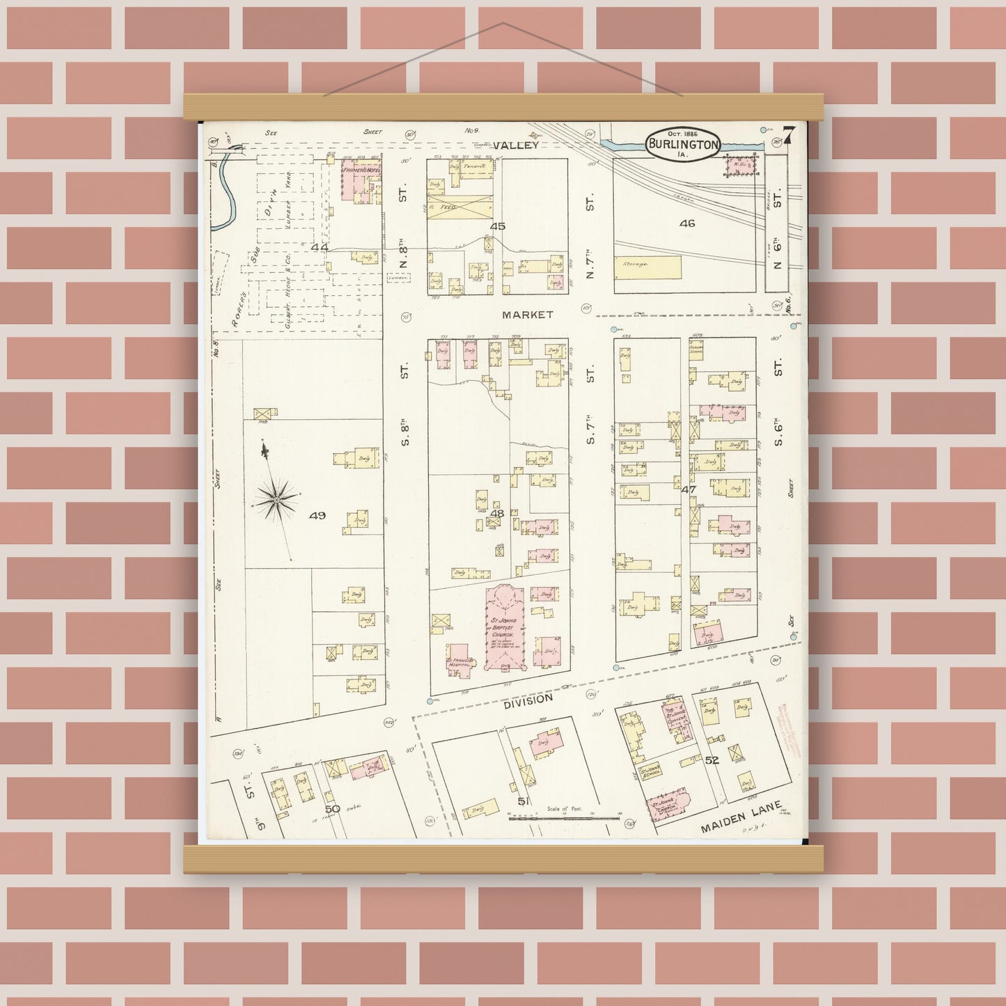 Old map wall art mockup — magnetic wood frame on brick wall — Sanborn Fire Insurance Map from Burlington, Des Moines County, Iowa (1888), Sheet #0007