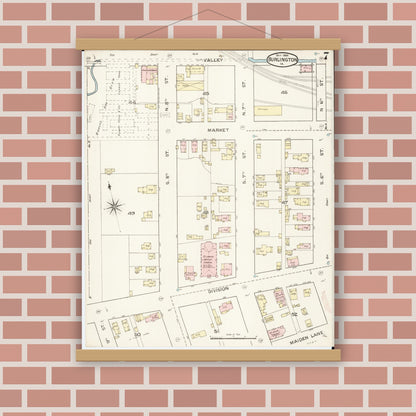 Old map wall art mockup — magnetic wood frame on brick wall — Sanborn Fire Insurance Map from Burlington, Des Moines County, Iowa (1888), Sheet #0007