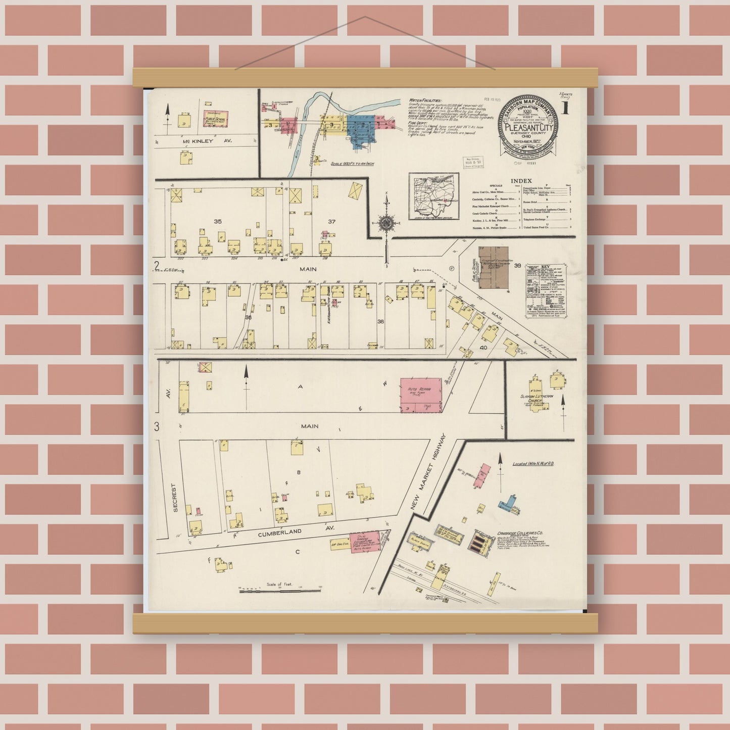 Old map wall art mockup — magnetic wood frame on brick wall — Sanborn Fire Insurance Map from Pleasant City, Guernsey County, Ohio (1922) - Complete Map Set