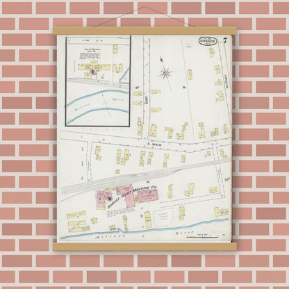 Old map wall art mockup — magnetic wood frame on brick wall — Sanborn Fire Insurance Map from Orange, Franklin County, Massachusetts (1889), Sheet #0007