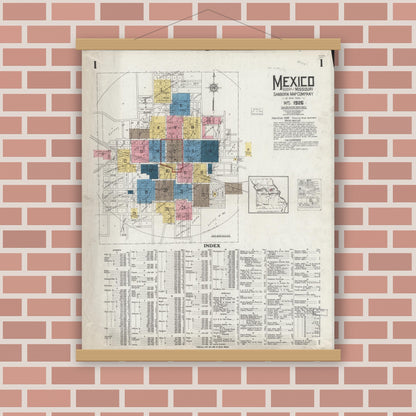 Old map wall art mockup — magnetic wood frame on brick wall — Sanborn Fire Insurance Map from Mexico, Audrain County, Missouri (1926) - Complete Map Set