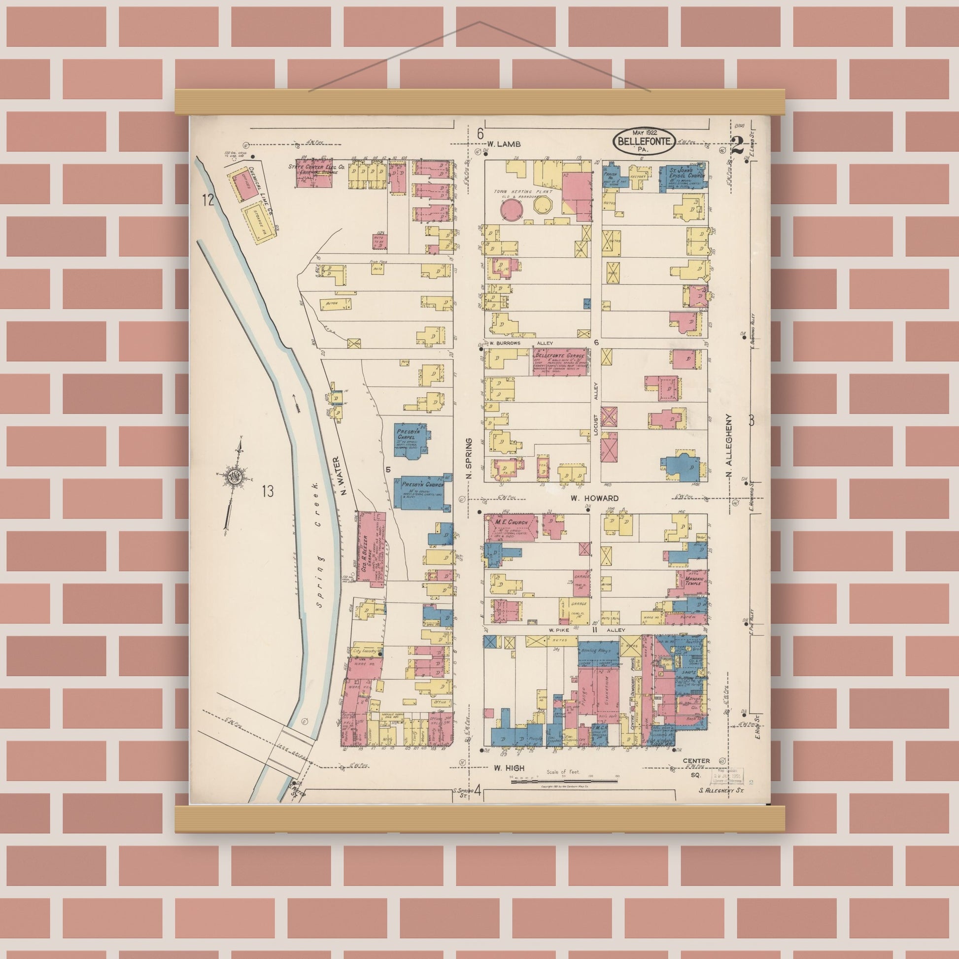 Old map wall art mockup — magnetic wood frame on brick wall — Sanborn Fire Insurance Map from Bellefonte, Centre County, Pennsylvania (1922), Sheet #0002