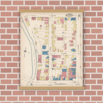 Old map wall art mockup — magnetic wood frame on brick wall — Sanborn Fire Insurance Map from Bellefonte, Centre County, Pennsylvania (1922), Sheet #0002